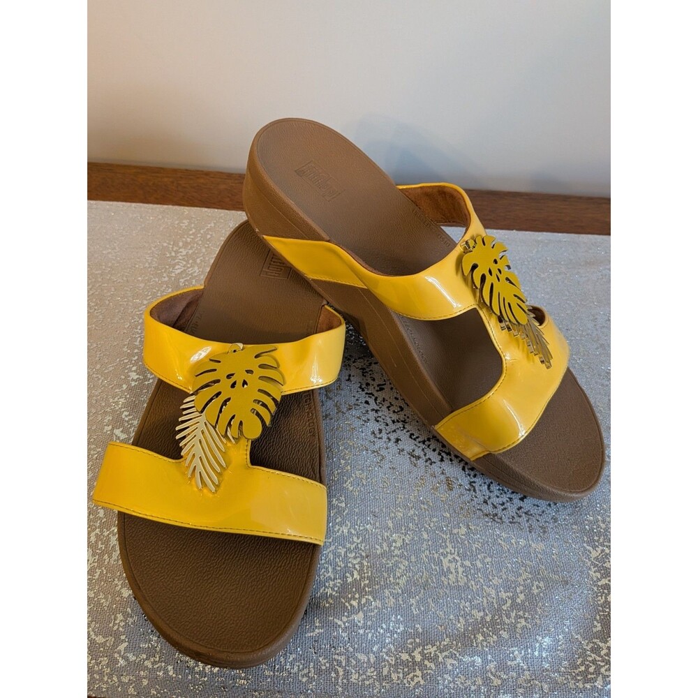 FitFlop Fino Jungle Leaf Slide Sandal Womens 10 Yellow Gold Toning Comfort Beach